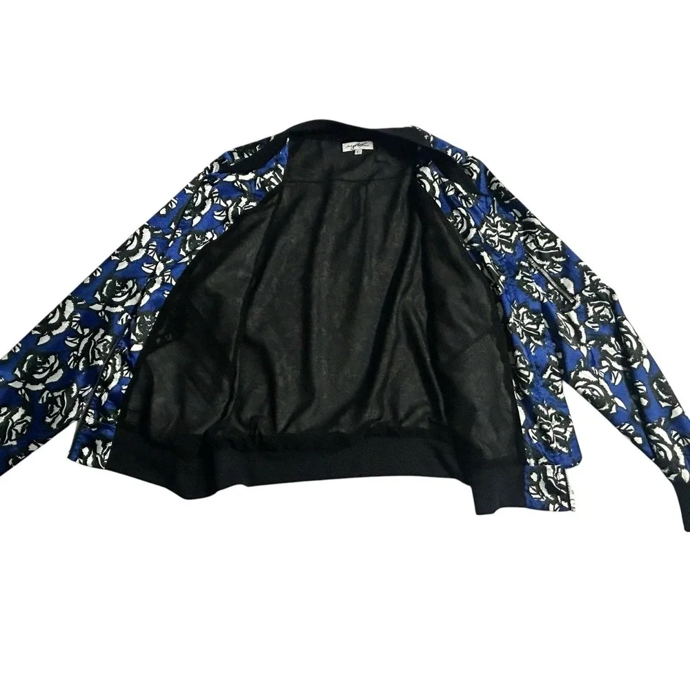 X by GOTTEX Women's Floral Satin Bomber Jacket Blue Roses Size Large Zip Pockets